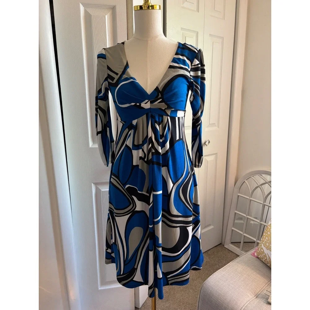 Bisou Bisou Blue Abstract Swirl Midi Dress Size 6 Stretch 3/4 Sleeve